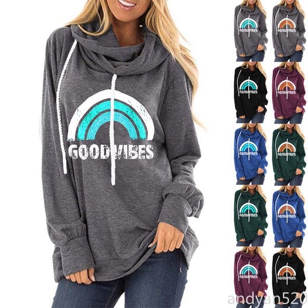 

2020 women's drawstring hooded good vibes rainbow print loose round neck long sleeve t-shirt woman hoodie, Black