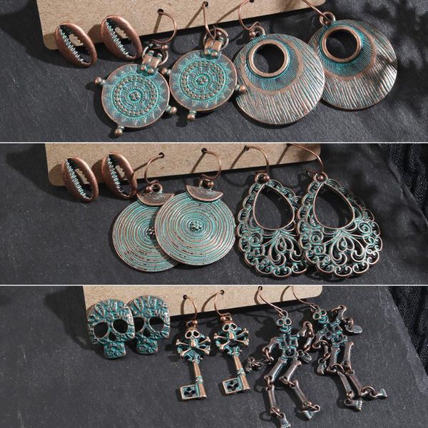 

3pcs/set vintage skeleton leaf feather rose shell starfish hollow water droplets dangle earring for women ethnic women's earring, Silver