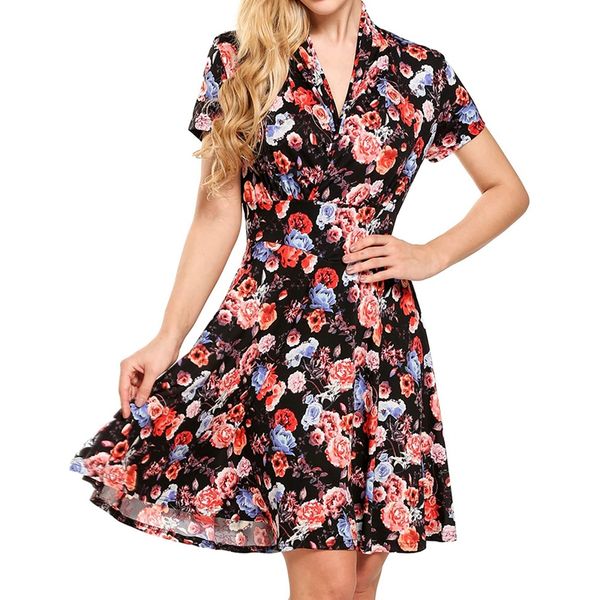 

summer v-neck waist short skirt pleated print dress, Black;gray