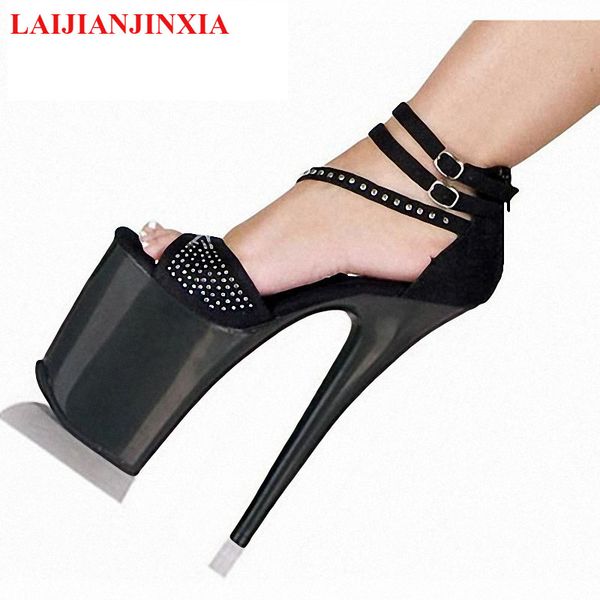 

laijianjinxia new 23cm ultra high heels sandals rivets open toe cover heel with temptation women's shoes platform dance shoes, Black