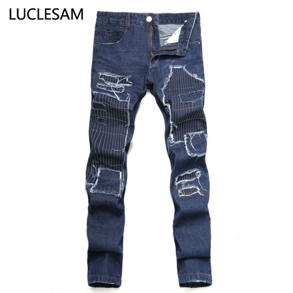 

mens straight patchwork jeans summer fashion men denim pants casual slim fit skinny embroidery trousers designer jeans for men, Blue