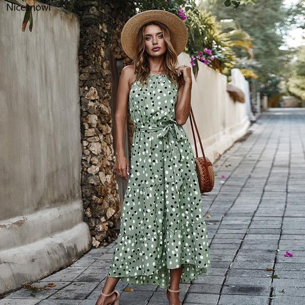

long dot vacation style print dress women lace up high waist o neck big swing dress new fashion summer sleeveless, Black;gray