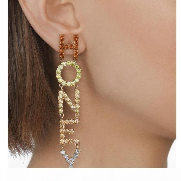 

women letter honey stud earring rhinestone letter long tassel earring fashion jewelry accessories for gift party, Golden;silver