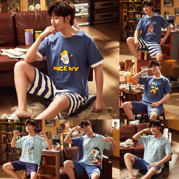 

pajamas men's summer cotton short-sleeved cartoon teenager men's summer large size cotton home suit shorts and shorts, Black;brown