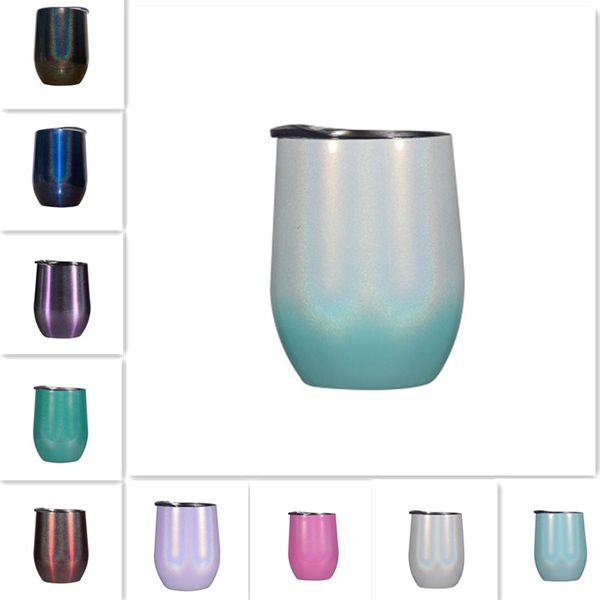 

10 colors 12oz glitter wine tumbler with lids straws stainless steel rainbow egg shaped mugs double walled vacuum big belly coffee mug glass