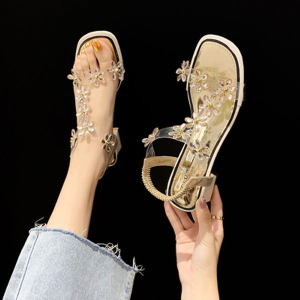 

net red sandals women 2020 new summer fashion wild rhinestone flowers thick with a word with high heels women's shoes, Black