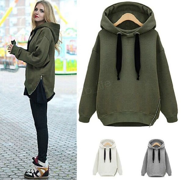 

hoodies women warm sweatshirts green side zipper hooded long sleeve plain hoodie pullover high quality, Black