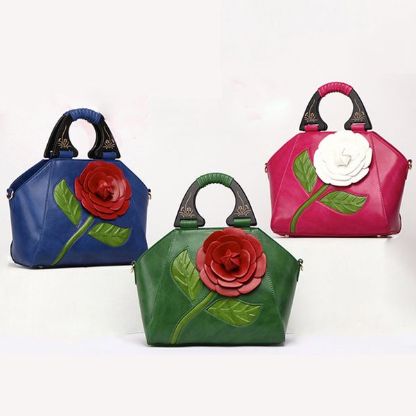 

green/blue/rose red color female leather handbags fashion national floral embossing lady waterproof messenger shoulder purses