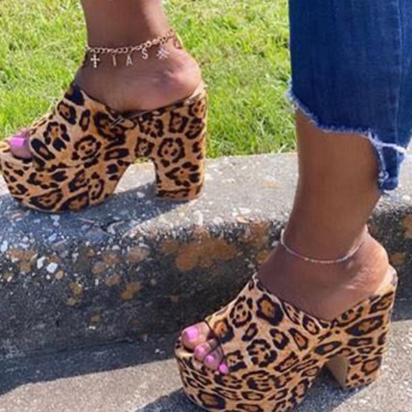 

2020 women leopard platfrom slippers woman summer high heels women's peep toe slides ladies print pumps female shoes plus size, Black