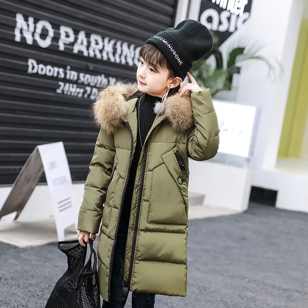 

2019 зима новая детская одежда толщиной l девочки длина пальто в большой ребенок меховой воротник вниз куртка пуховик, Blue;gray