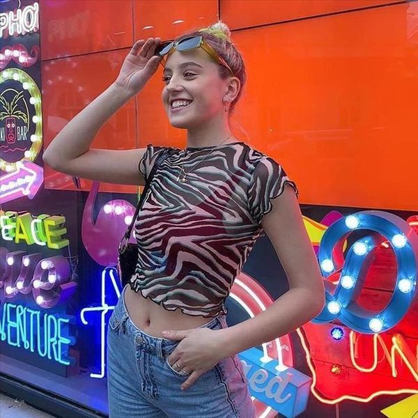 

fashion summer t shirt women short sleeved lady sheer zebra stripe print mesh crop crew neck stretchy t shirt 5.2, White