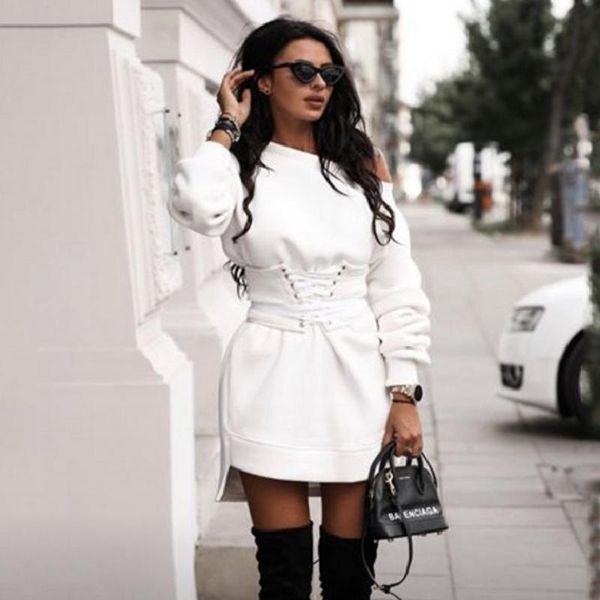 

casual dresses elegant lace up dress streetwear white tunic vintage autumn long sleeve mini women winter a line robe longue femme, Black;gray