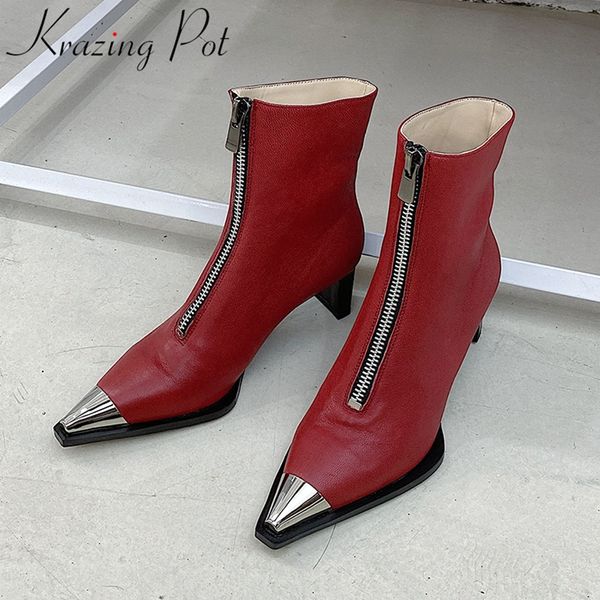 

krazing pot genuine leather high heels square toe brand casual keep warm office lady winter shoes zipper dress ankle boots l68, Black