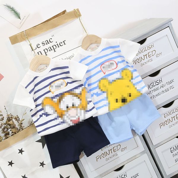 

o7y0t korean style bear printed t-shirt children's clothing striped boy's t-shirt shorts two-piece suit summer short-sleeved child