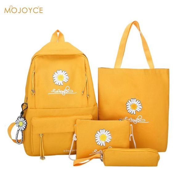 

portable 4pcs/set canvas backpack daisy print rucksack teenager girl shoulder bag mochila studying accessaries supplies