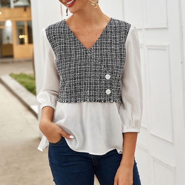 

2020 new women v neck 3/4 sleeves autumn fashion blouse, White