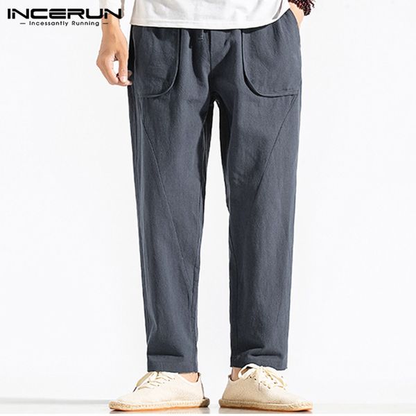 

2020 fashion men harem pants loose cotton linen bottoms men casual solid color jogger vintage pockets drawstring trousers hombre, Black
