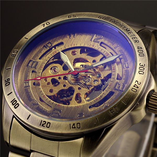 

antique design automatic skeleton mechanical watch vintage brass steel men's wristwatch skeleton steampunk clock male blue dial j190614, Slivery;brown