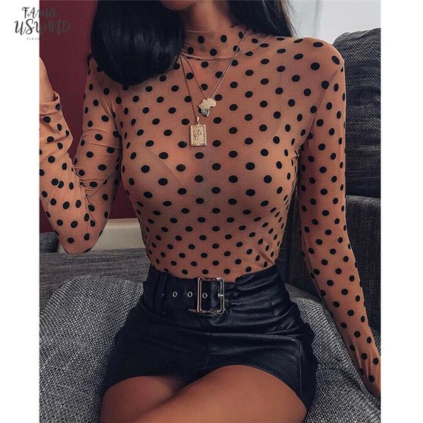 

mesh see through polka dot print t shirt fashion 2020 spring women long sleeve high t shirt party club blusas, White