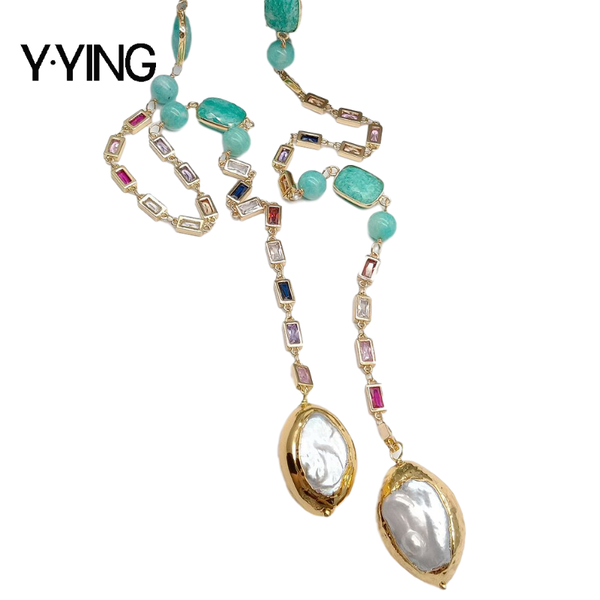 

chains yÂ·ying cultured white keshi pearl amazonite rectangle cz pave sweater chain long necklace 38", Silver