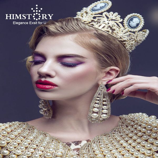

himstory luxury baroque vintage women full round prom pearl wedding pageant queen tiara hairwear, Golden;silver