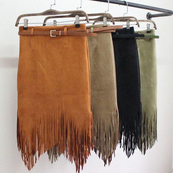 

spring autumn pencil knee length knitting cotton skirt tassel fringe skirt fashion women high waist asymmetrical skirts female, Black