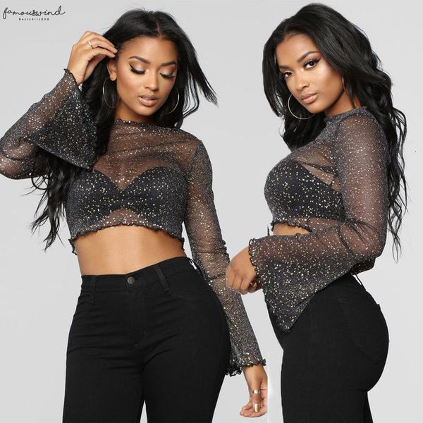 

fashion brand women long sleeve see through crew neck shirt mesh sheer blouse sequined club short, White