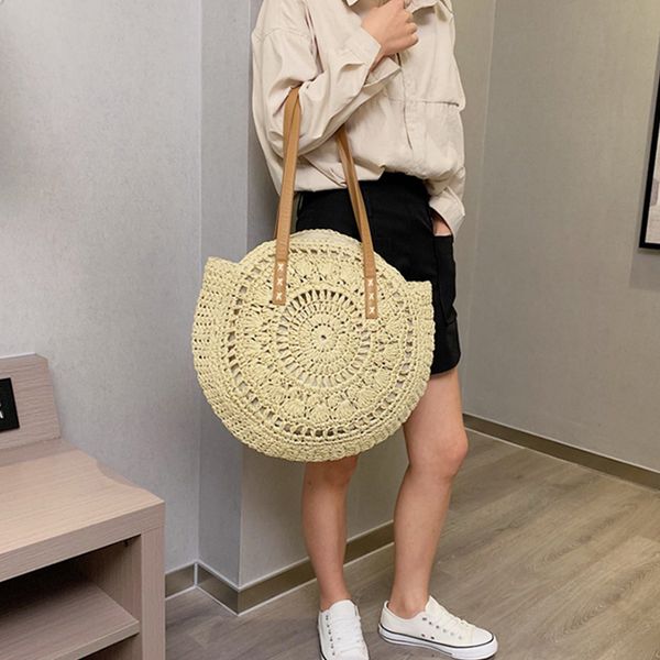 

women bag casual straw shoulder bags solid hollow circle totes handbags big capacity summer lady bohemian beach travel totes