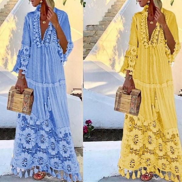 

кисточка выдалбливает твердых женщины цвета дизайнер boho платье повседневного отдых платье boho шнурок лето женщины платье v шеи длинного р, Black;gray