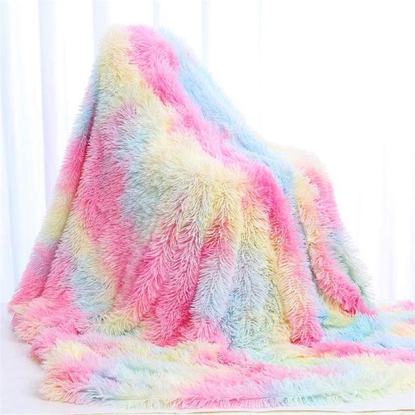 SUCSES Coperta sfumata tinta in massa Coperte lunghe in pelliccia sintetica shaggy in pile di flanella Coperte e coperte arcobaleno per divano letto