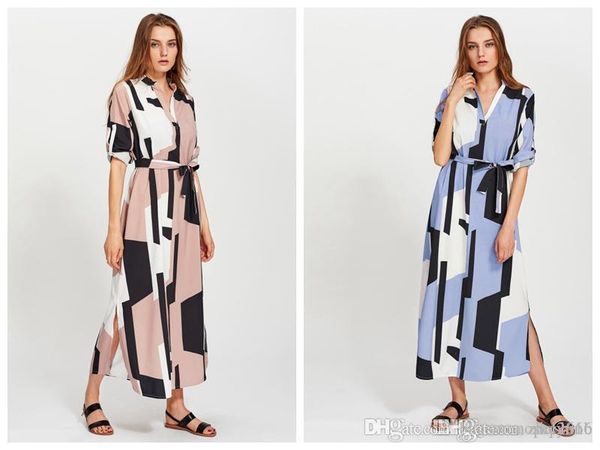 

wholesale women dress summer fashion ribbon v-neck long sleeve side split elegant lady digital print skirt casual loose dresses size s-xl, Black;gray