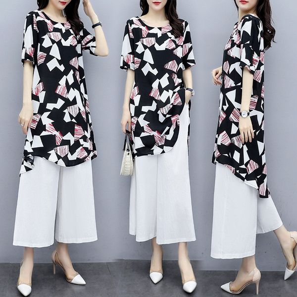 

2020 summer new women's large size slim chiffon printed wide leg pants + temperament wide leg pants two-piece suit, Gray