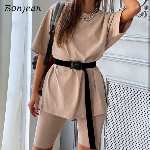 

summer 2020 women set o neck loose basic short sleeve and biker shorts casual two piece sets white outfit jogging femme suit