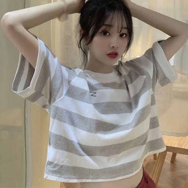 

women's t-shirt x exposed navel short 2021 summer korean high waist striped loose sleeve for women, White