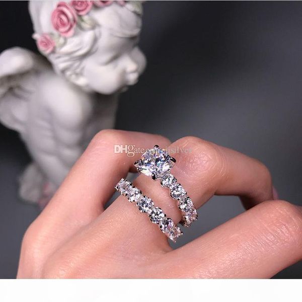 

sterling silver wedding ring for lovers silver color crystal cz couple rings set full zirconia women engagement wedding rings fine jewelry