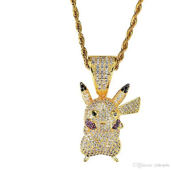 

14k gold plated hip hop cartoon animal pendant necklace micro pave cubic zirconia diamonds with 24inch rope chain, Silver