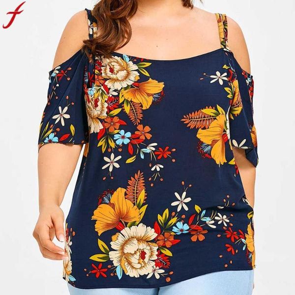

2020 плюс размер женская одежда лето цветочные печатается с коротким рукавом туники рубашка sexy cold shoulder большой размер печатных блуза, White