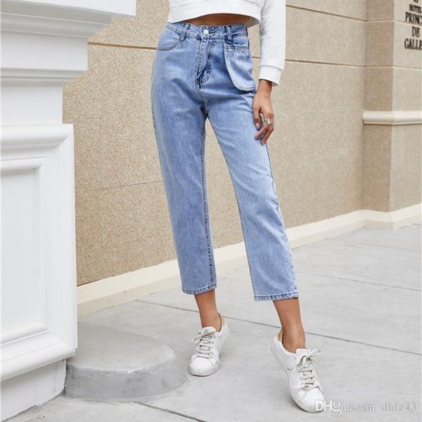 

2020 spring autumn women's denim trousers fashion waist pocket inelastic distressed jeans high waisted jeans pockets, Blue
