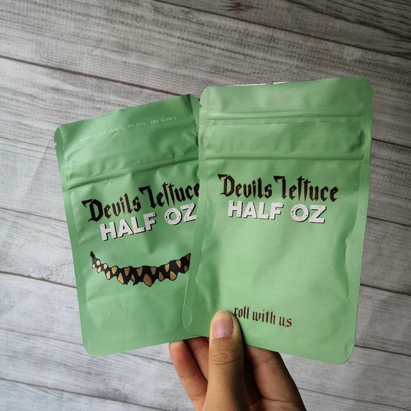 

devils lettuce half bagdevils lettuce 3.5 mylar half oz child proof pouch zip lock airtight child proof for dry herb packaging dhl