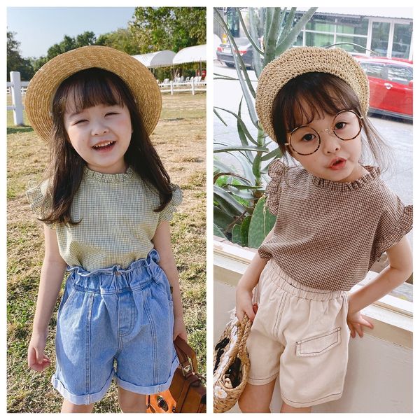 

2020 new girls lace children's wear children's children's' summer wear korean plaid sleeveless lace summer shirt 20312, White;black