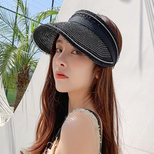 

straw female summer handmade rhinestone straw sun beach empty female sunshade sun hat lace hat, Blue;gray
