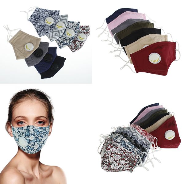 

13 styles of printed plain cotton mask with breathing valve men and women protection dust mask breathable and washable w-00078