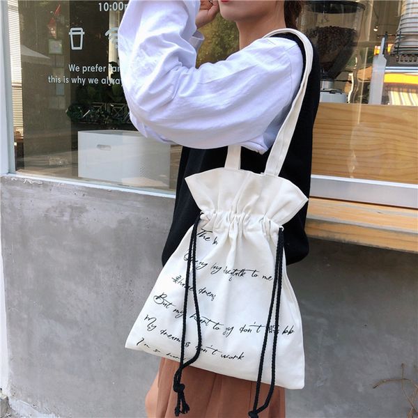 

women canvas bag casual tote handbag letter female simple shoulder bag cloth drawstring bags literary shopping bags for girls