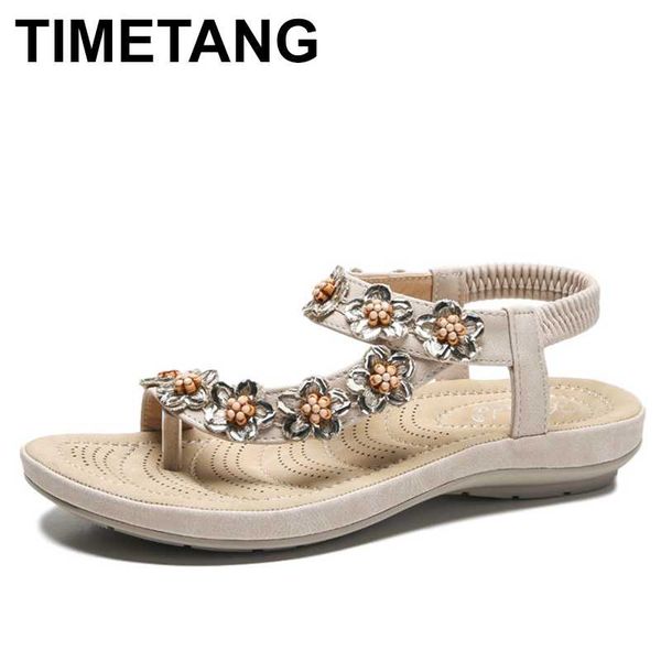 

sandals timetangsummer woman pu elastic band 2cm flat toe round chain pearl shallow flowers low heels shoes women size, Black