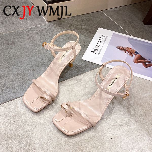 

high heel sandals women leather heels 2020 new summer sandal for woman square head word band shoes nude buckle low-heeled shoe 9, Black