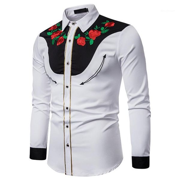 

sleeve street style casual shirt for man fashion mens rose embroidery patchwork shirts designer mens shirts lapel neck long, White;black