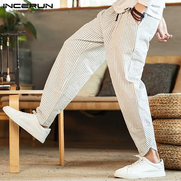 

incerun man fashion cotton pantalones streetwear men vintage striped pants casual loose drawstring trousers comfy wide leg pants, Black