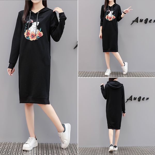 

casual dresses autumn summer dress women cartoon printing fashion hooded loose black pocket plus size cute vestidos, Black;gray