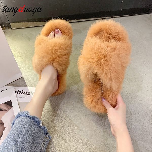 

2020 fluffy home slippers women faux fur slippers cozy furry slides open toe slip on soft house floor plush warm shoes, Black