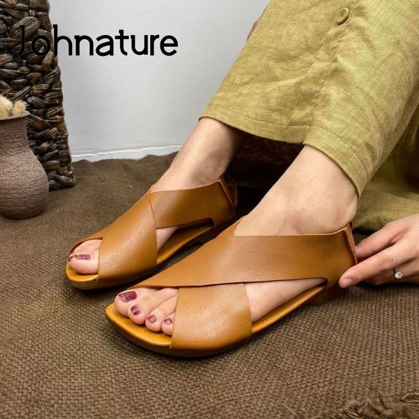 

johnature женщины сандалии 2020 новое лето натуральная кожа женская обувь ретро шитье zip случайные плоские ручной работы женские сандалии, Black
